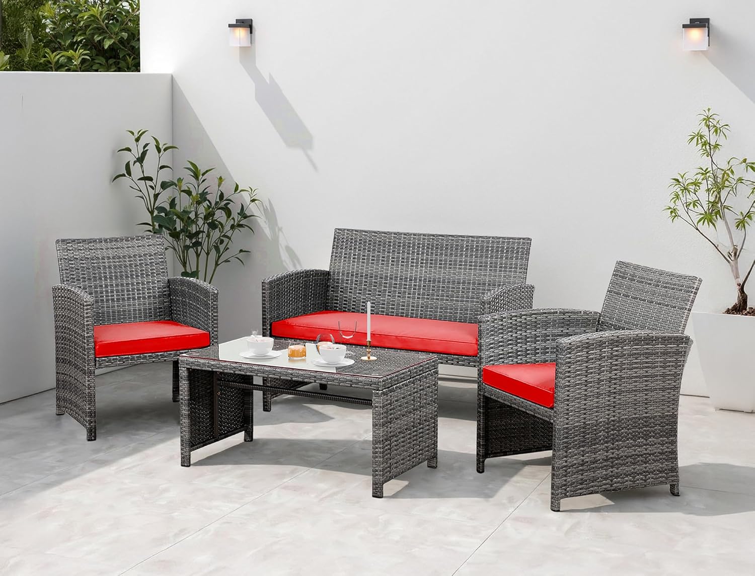 Shintenchi 4 Piece Patio Ratten Set Outdoor Furniture Set Wicker Conversation Set with Cushions and Tempered Glass Tabletop,Beige