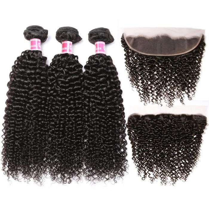 Brazilian Virgin Curly Hair 3 Bundles With 13x4 Lace Frontal 100% Human Hair Weave