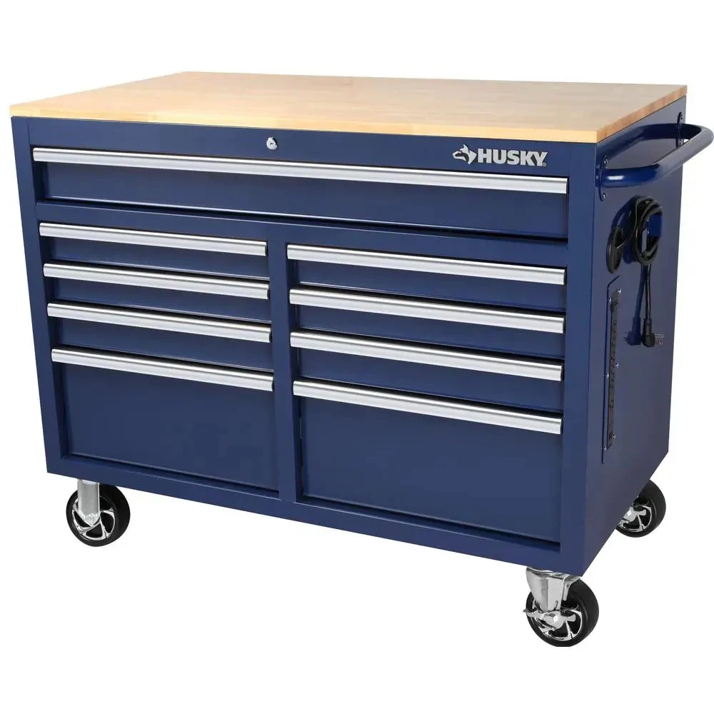 Mobile workbench with 9 drawers, hardwood top and power connection, 117 cm W x 62 cm D �C high-gloss black