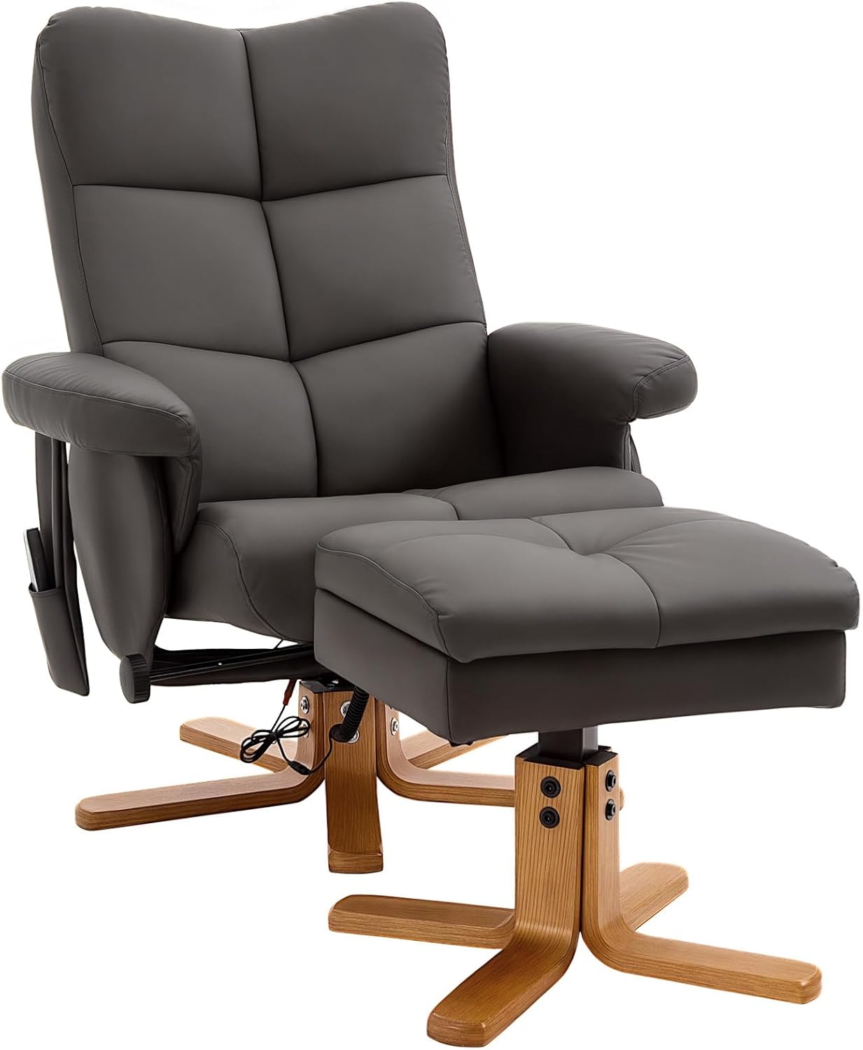 HOMCOM Relaxsessel mit Hocker, 360°drehbarer Fernsehsessel mit Massage, Liegefunktion, Massagesessel mit Seitentasche, TV-Sessel, Kunstleder für Wohnzimmer Braun