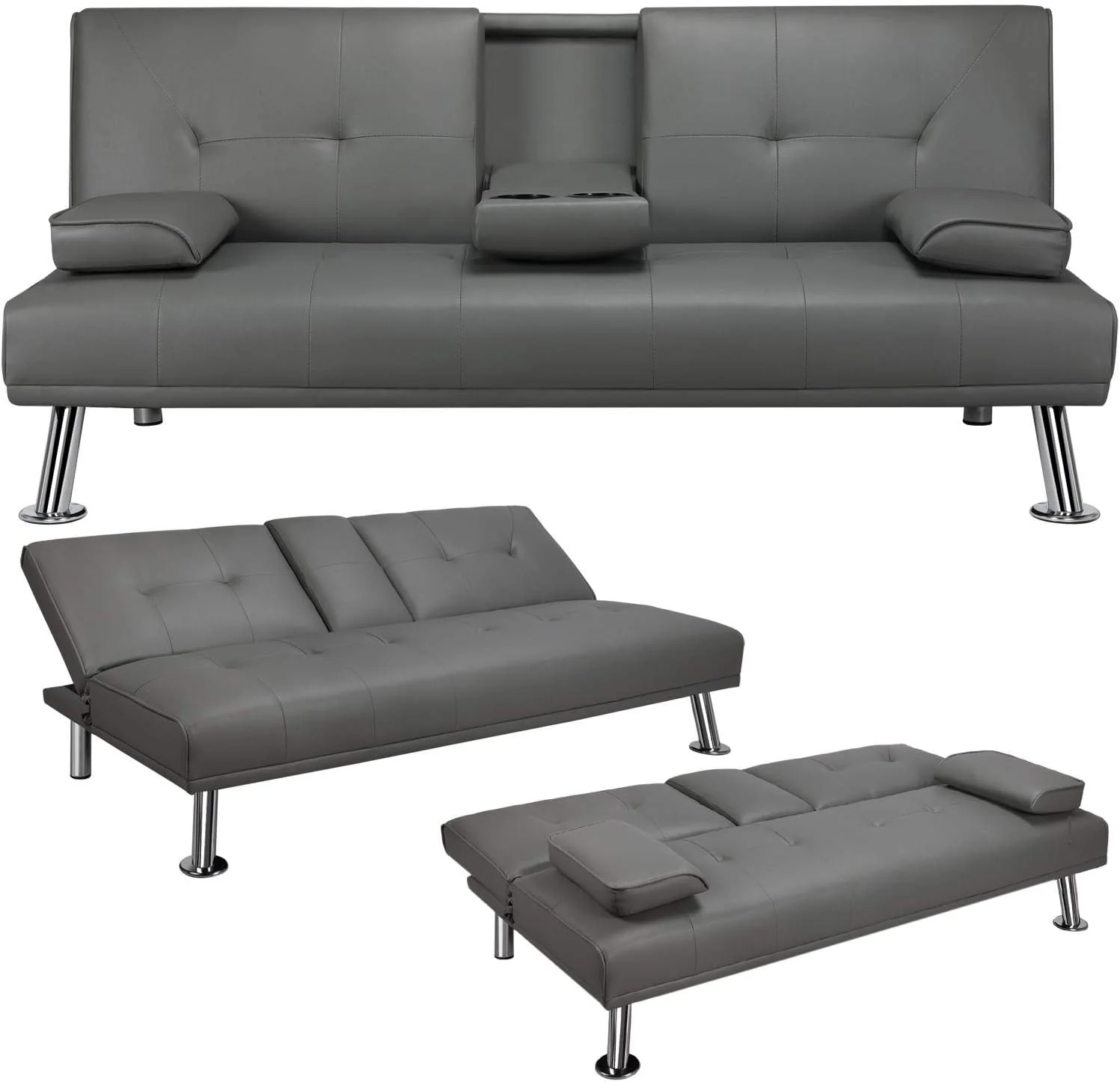 Yaheetech Convertible Sofa Bed Adjustable Couch Sleeper Modern Faux Leather Home Recliner Reversible Loveseat Folding Daybed Guest Bed, Removable Armrests, Cup Holders, 3 Angles, 772lb Capacity, Black