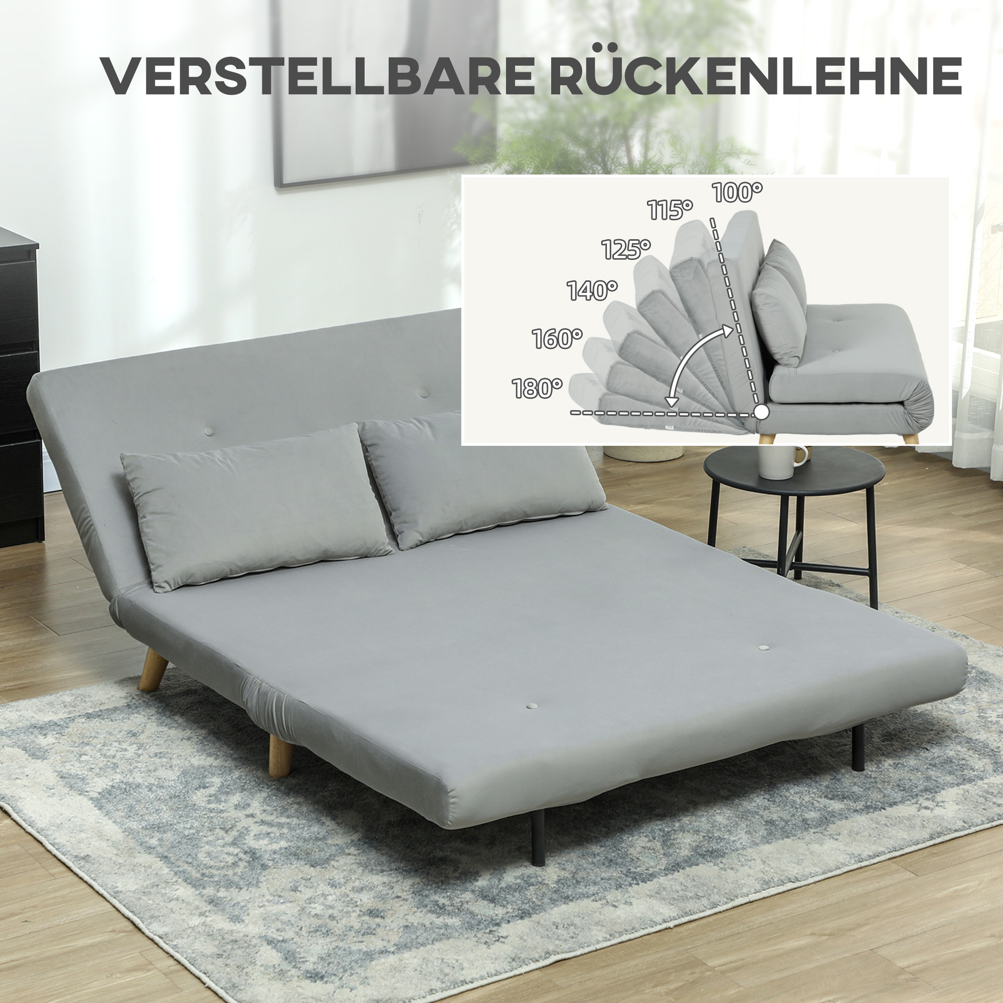 HOMCOM Slaapbank Relaxbank Bank Sofa, incl. 2 Kussens, Fluweel Look, 130 x 78 x 79 cm, Lichtgrijs