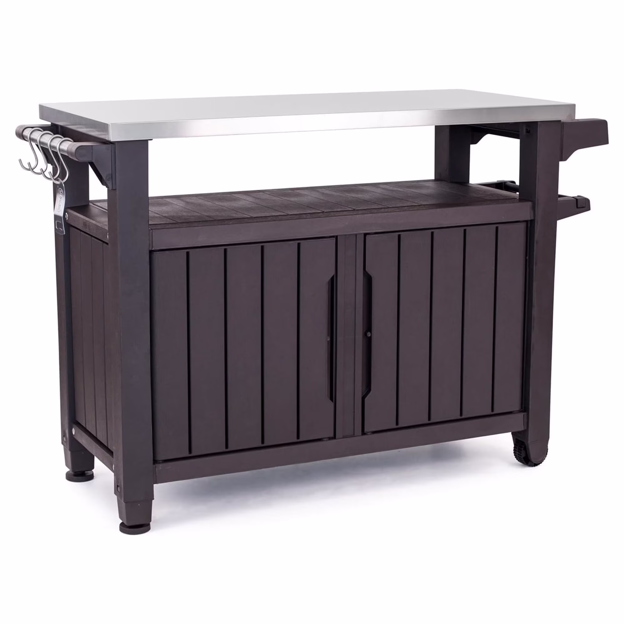 Keter Unity XL Outdoor Durable Kitchen Rolling Bar Cart with Storage Cabinet, Brown