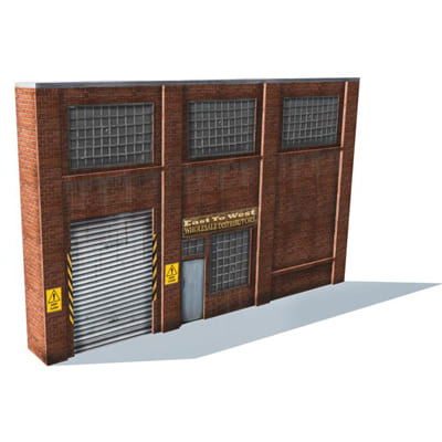 Background Industrial Building (red brick, tall roller door, 3 large top window panels)