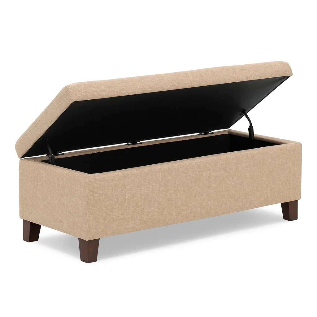 Banc de rangement en bois et tissu polyester beige