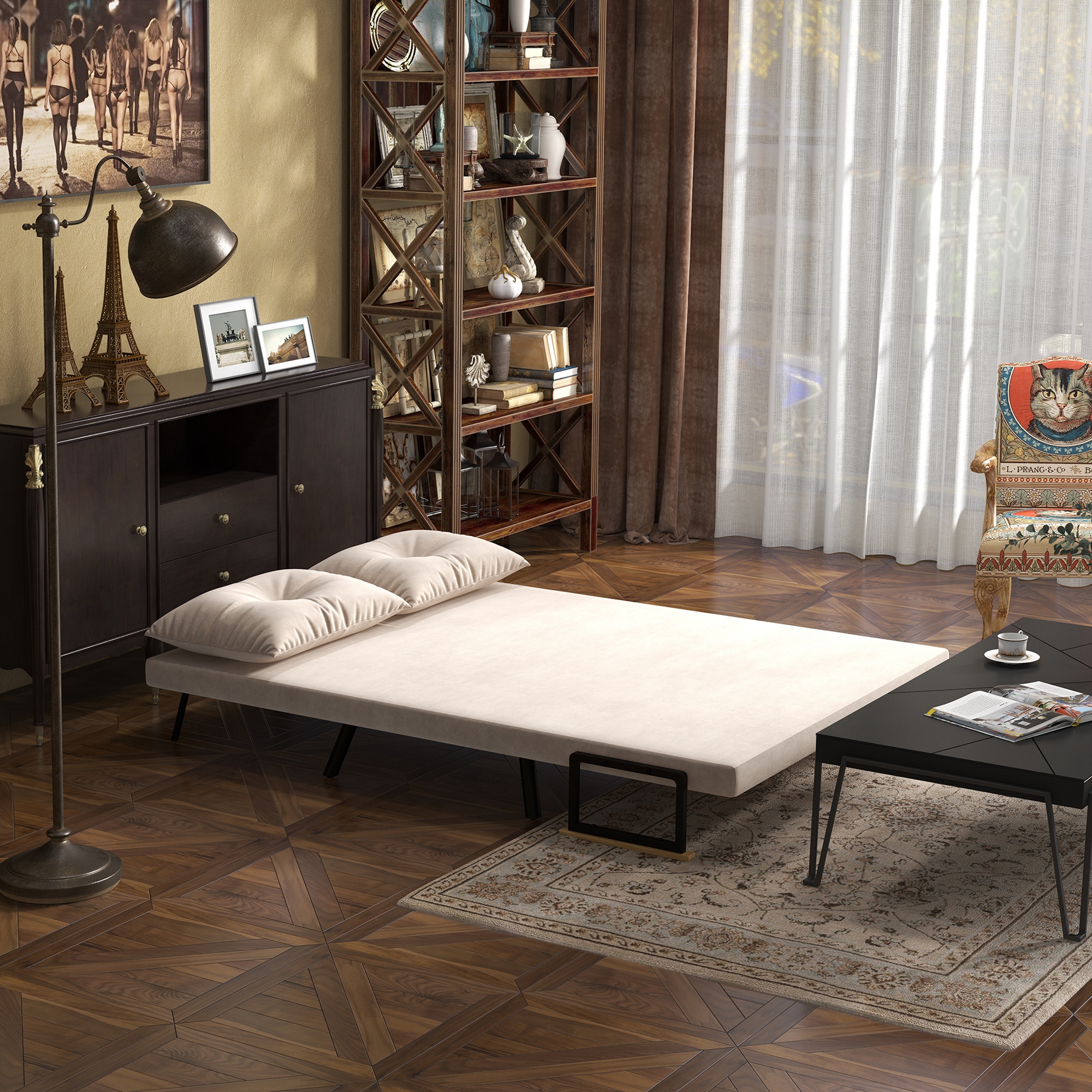 HOMCOM Slaapbank 2-zitsbank Fluweelbank, Slaapfunctie, incl. 2 kussens, Fluweel Optiek, Natuur + Beige + Zwart