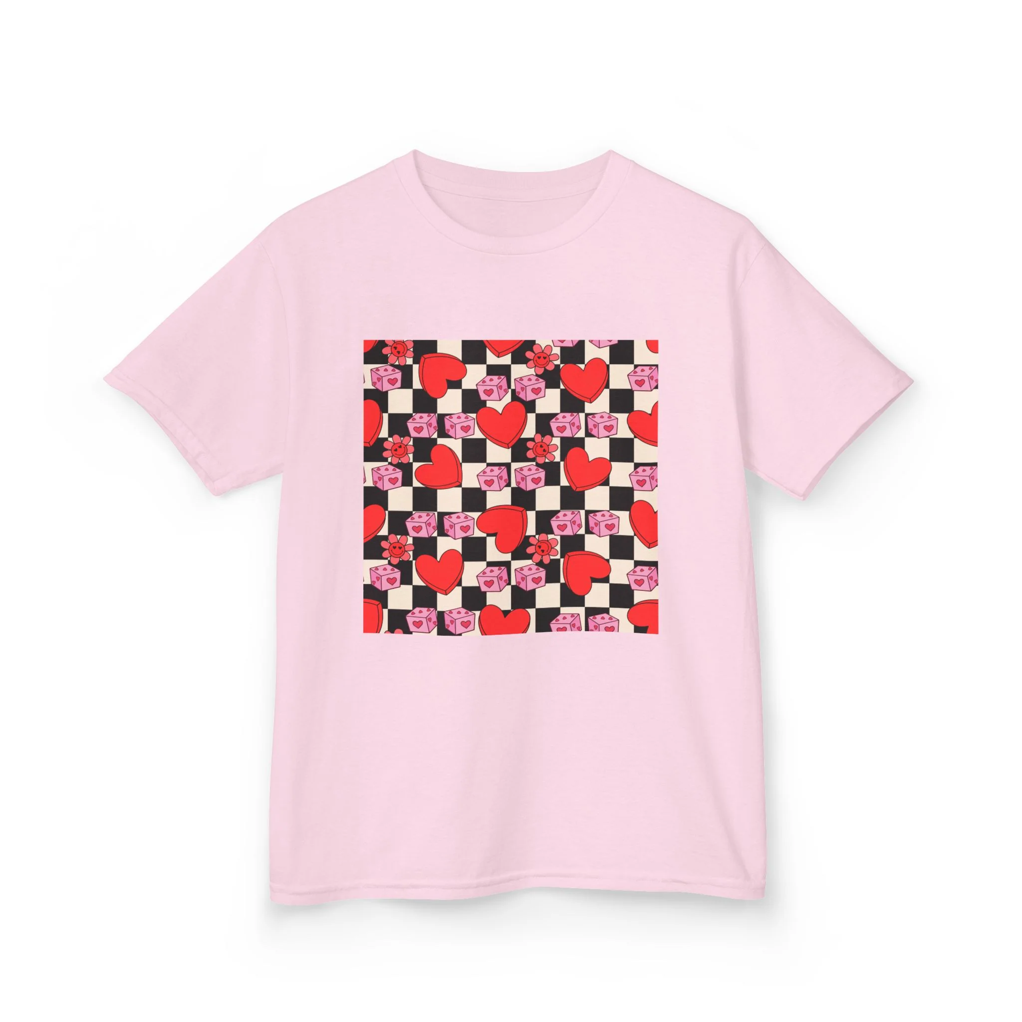 Checkerboard Hearts Kids Tee | Red Pink Black Heart Pattern