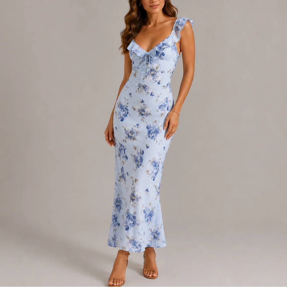Womena??s Floral Maxi Dress with Ruffle Straps and Tie Front