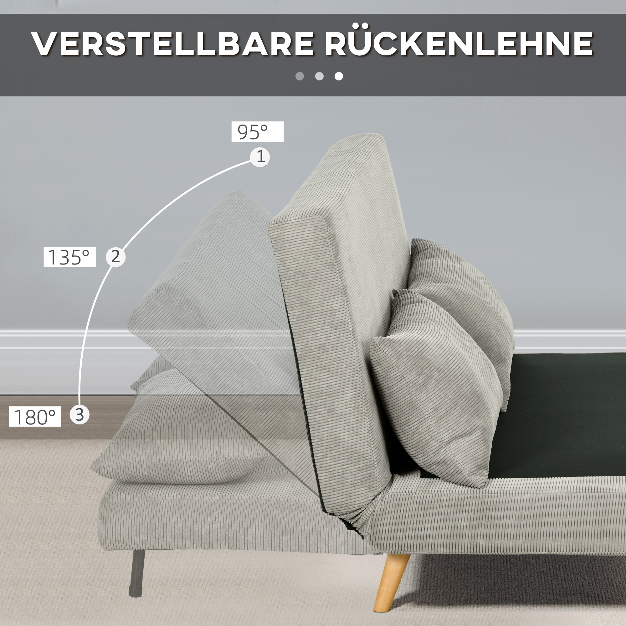 HOMCOM Slaapbank, Logeerbed, 3-standen Verstelbare Rugleuning, Linnenlook, tot 120 kg, 141 x 90 x 81 cm, Grijs