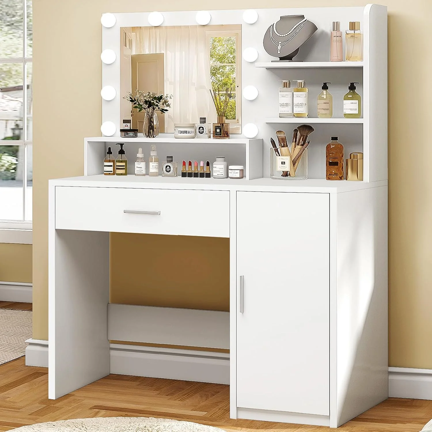 Quimoo Large Vanity Desk with LED Lighted Mirror & Power Outlet,Makeup Vanity Table