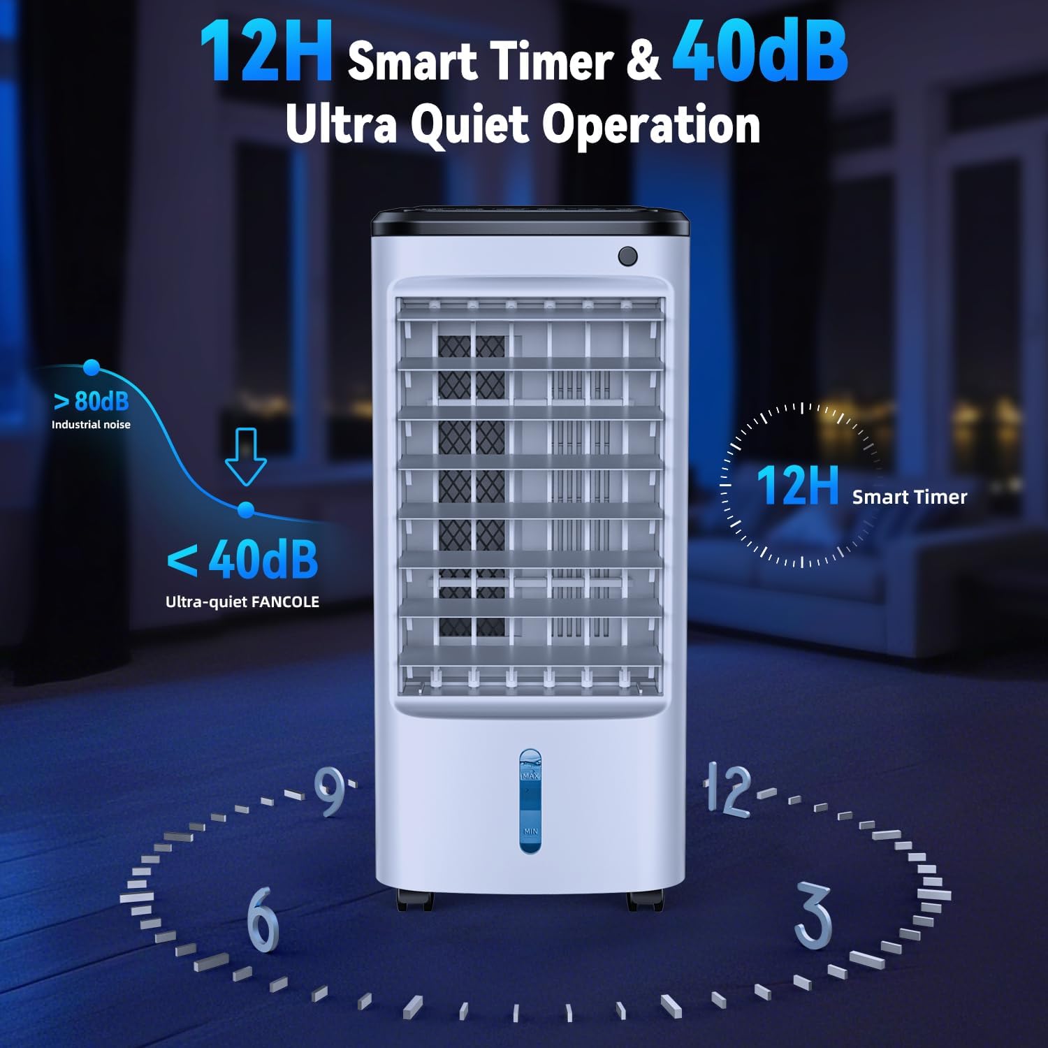 FANCOLE Tragbare Klimageräte ohne Fenster mit 6 Kühlakkus, 12H Smart Timer für Auto-Off, 7,8 m Fernbedienung, Top Fill Dual Tank, 3 Geschwindigkeiten Verdunstungsluftkühler, 70° Auto Swing Swamp
