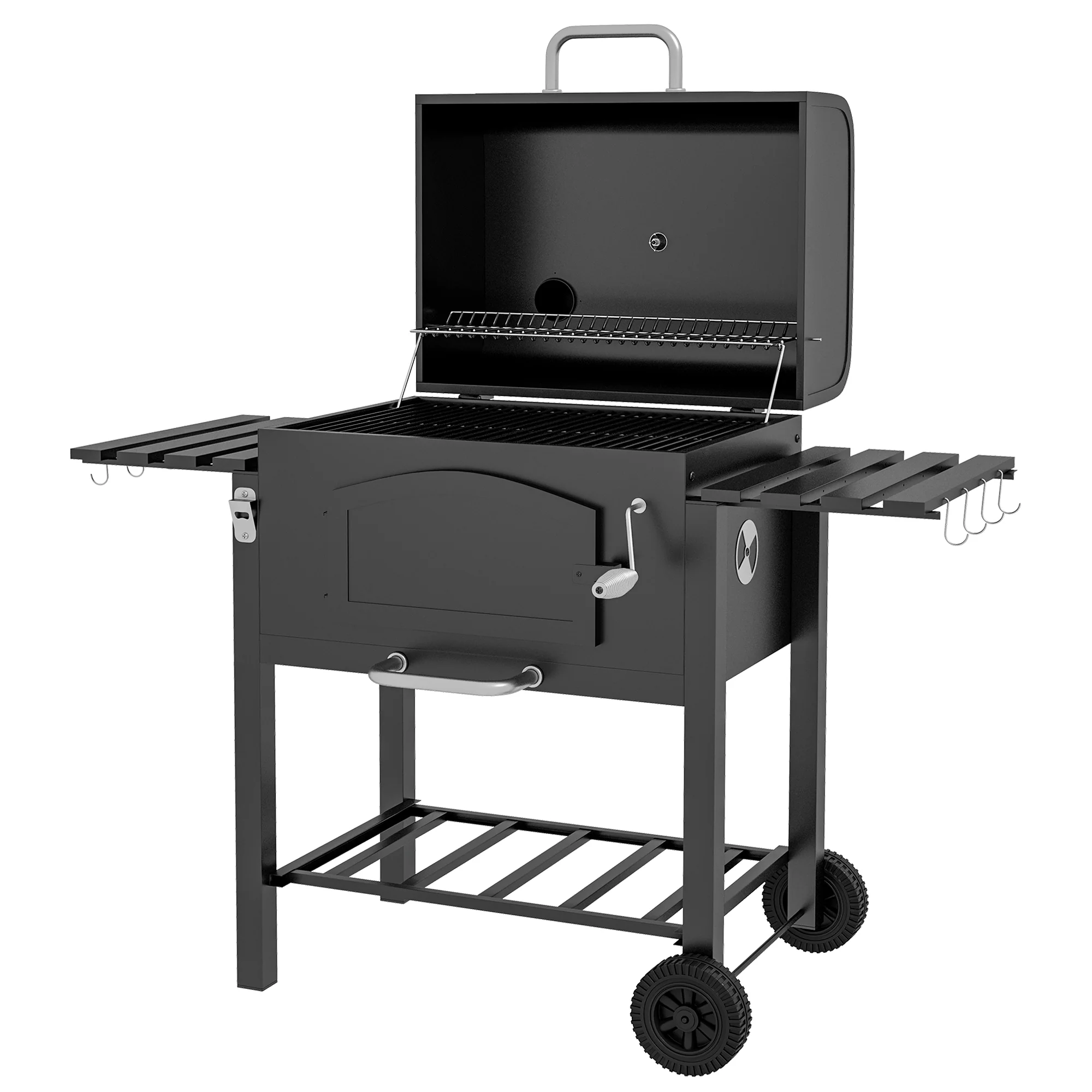 Outsunny Houtskoolgrill BBQ-Grill Smoker, verstelbare koolstoffen, zijtafels, 124 x 66 x 112 cm, Zwart
