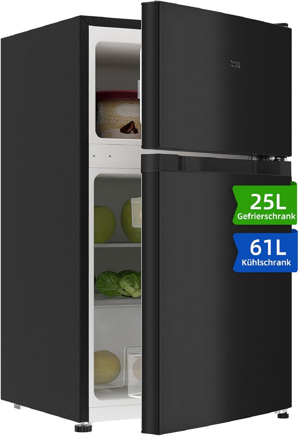CHIQ Kühl-/Gefrierkombination/Gefrierfach oben Kühlschrank｜86 Liter (25L/61L), 85cm | 4 Sterne Gefrierfach, -18 °C bis -8 °C｜mit LED, für Wohnheime, Wohnungen und Hotels, Kühlschrank mit Gefrierfach