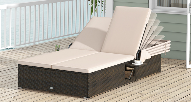 2-Seater Loveseat Sunbed for Backyard. Rattan Patio Bed Lounger