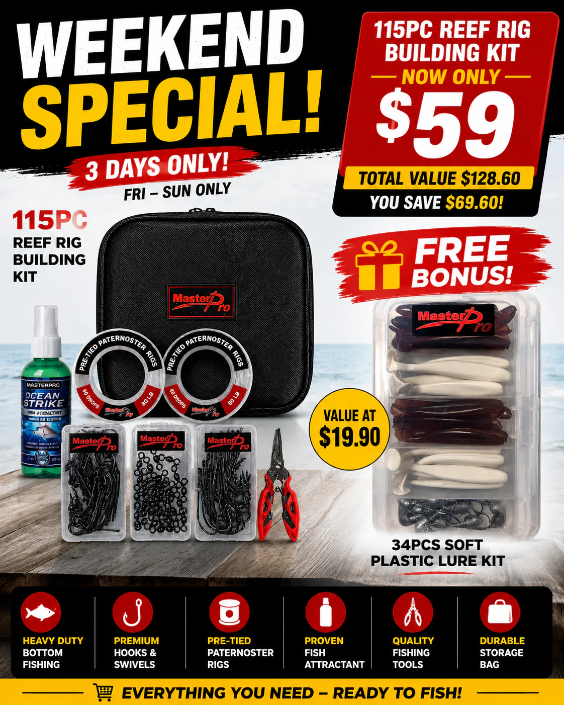 MASTERPRO 115PC Reef Rig Building Kit �?Ready to Fish + FREE Tackle Bag ($13.90 Value) +Soft Plastic Jighead Box (Value $19.90)