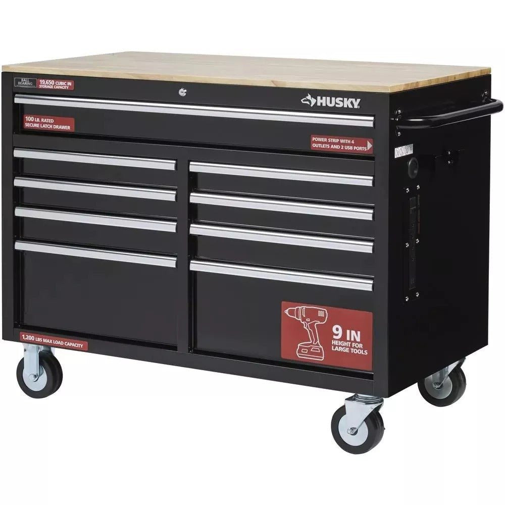 2025 Diepe Gereedschapskist met 9 Laden, 46 inch Breed x 24 inch Diep, Mobiele Werkbank in Glanzend Zwart