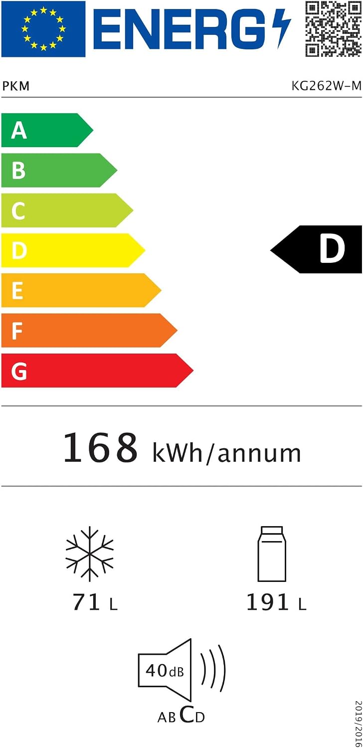 PKM Stand Kühl-Gefrierkombination KG262W-M weiß | 262L Nutzinhalt | Kühlteil 191L | Gefrierteil 71L | 4**** Gefrierfach | Leiser Betrieb 40dB | Sparsame LED-Beleuchtung | 172 kWh/Jahr