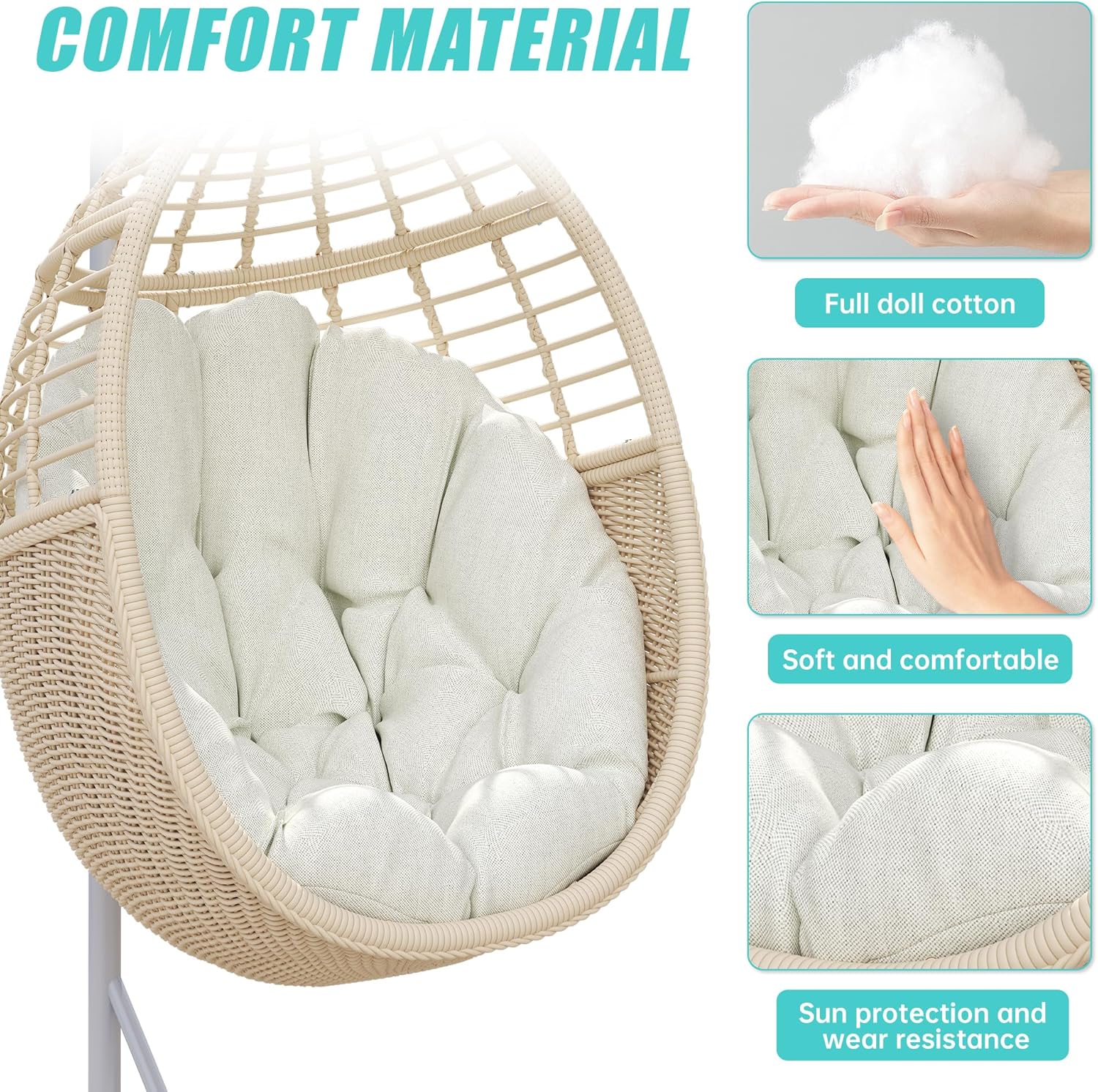 Korb Hängesessel mit Gestell: Wetterfestes Handgeflochtene PE-Rattan Schwebesessel mit Standfuß, Outdoor Indoor Schaukelstühle mit Polsterung für 150KG Terrasse Balkon Garten Schlafzimmer, Beige