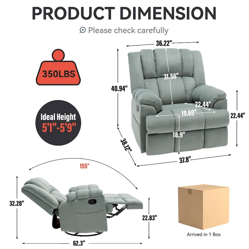 Lazy Boy Swivel Rocker Fabric Recliner Chair, Overstuffed Large Manual Recliner Glider with Pillow Top Arms and Cushion Back