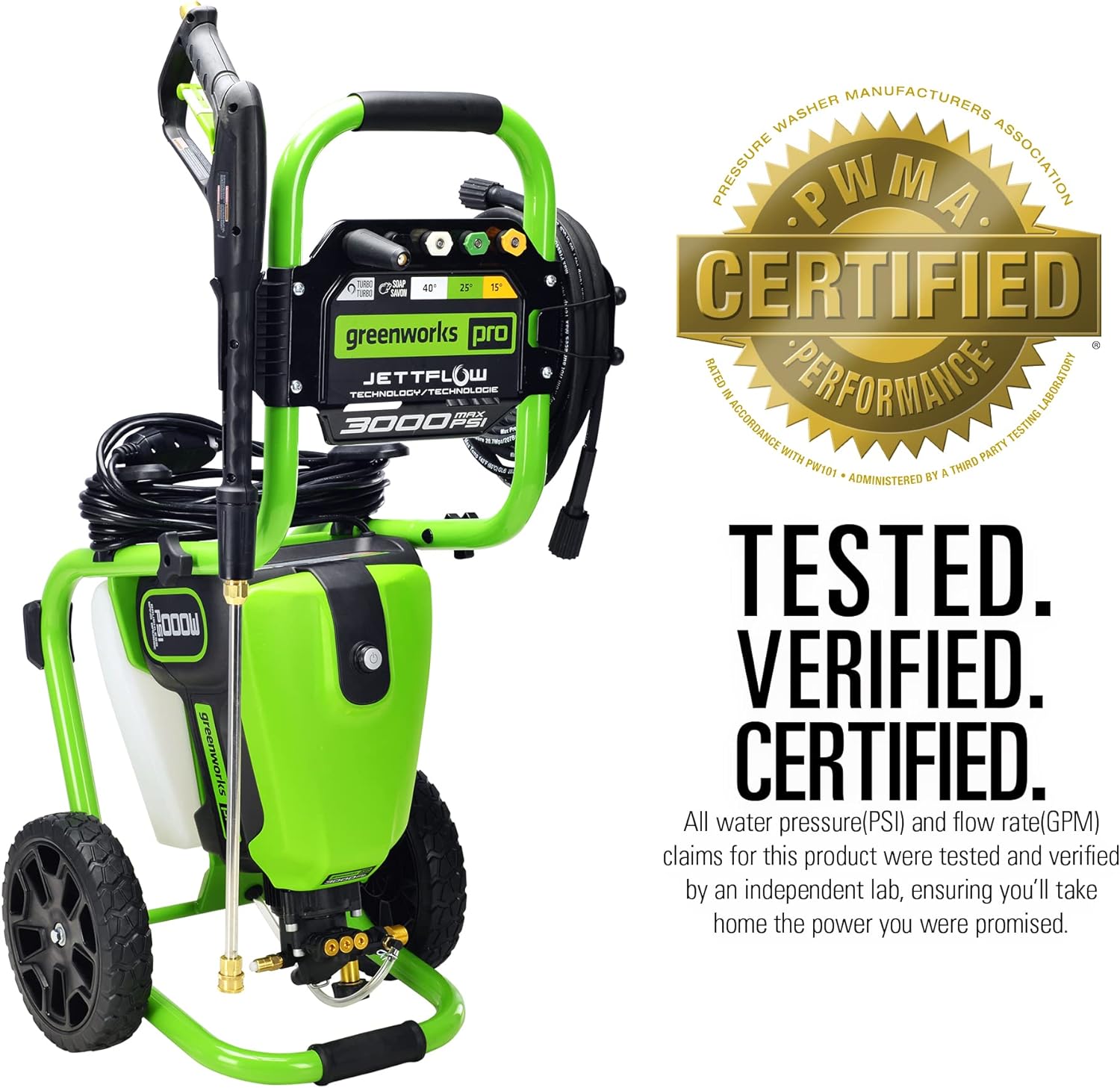 Greenworks Pro Brushless 3000 PSI (CSA Certified) 2.0 GPM Max / 1.1 GPM Electric Pressure Washer (Rugged Steel Frame  25 FT Hose  35 FT GFCI Power Cord)