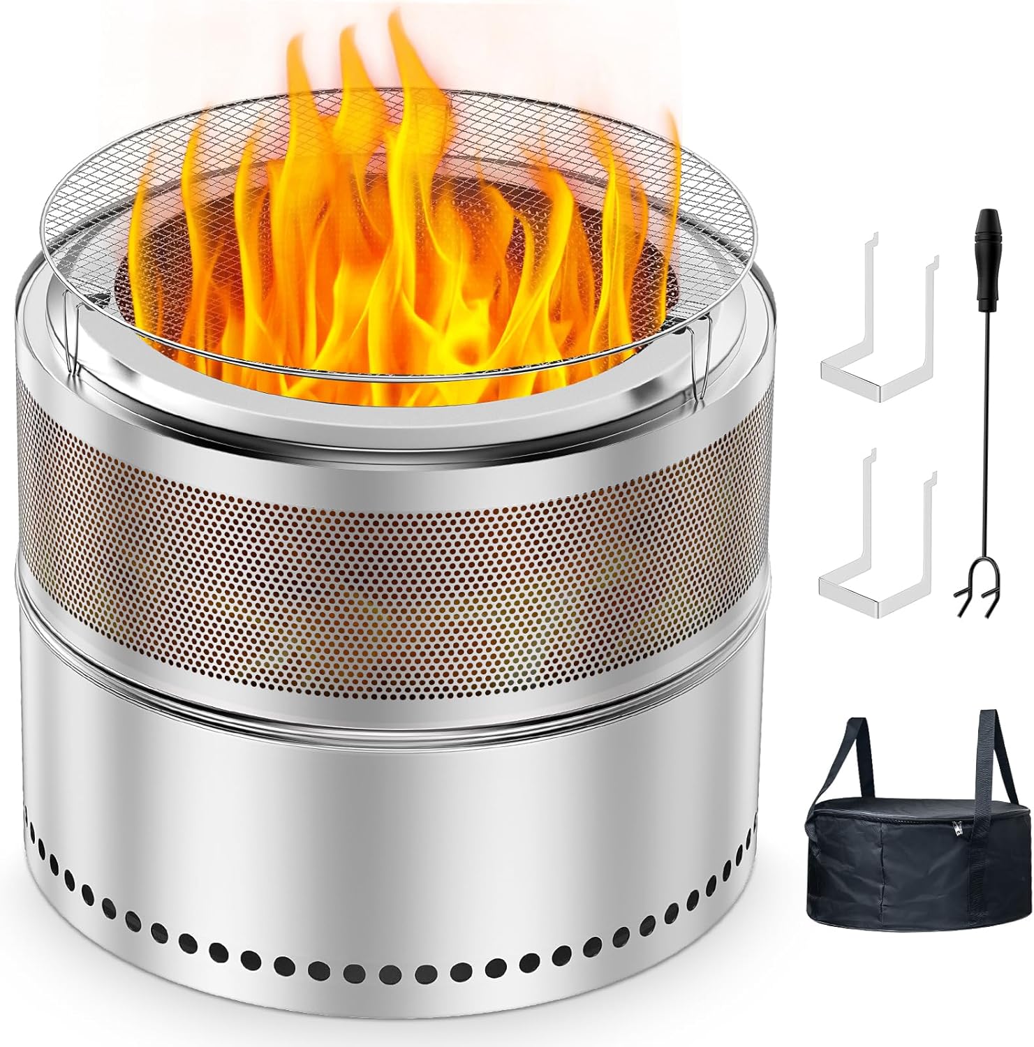 Smokeless Fire Pit Outdoor, 20 Inch Portable Stainless Steel Smokeless Firepit with Grill Grate, Ash Pan & Carry Bag, Low Smoke Wood Burning Fire Pits for Camping, RV, Patio, Compact Storage