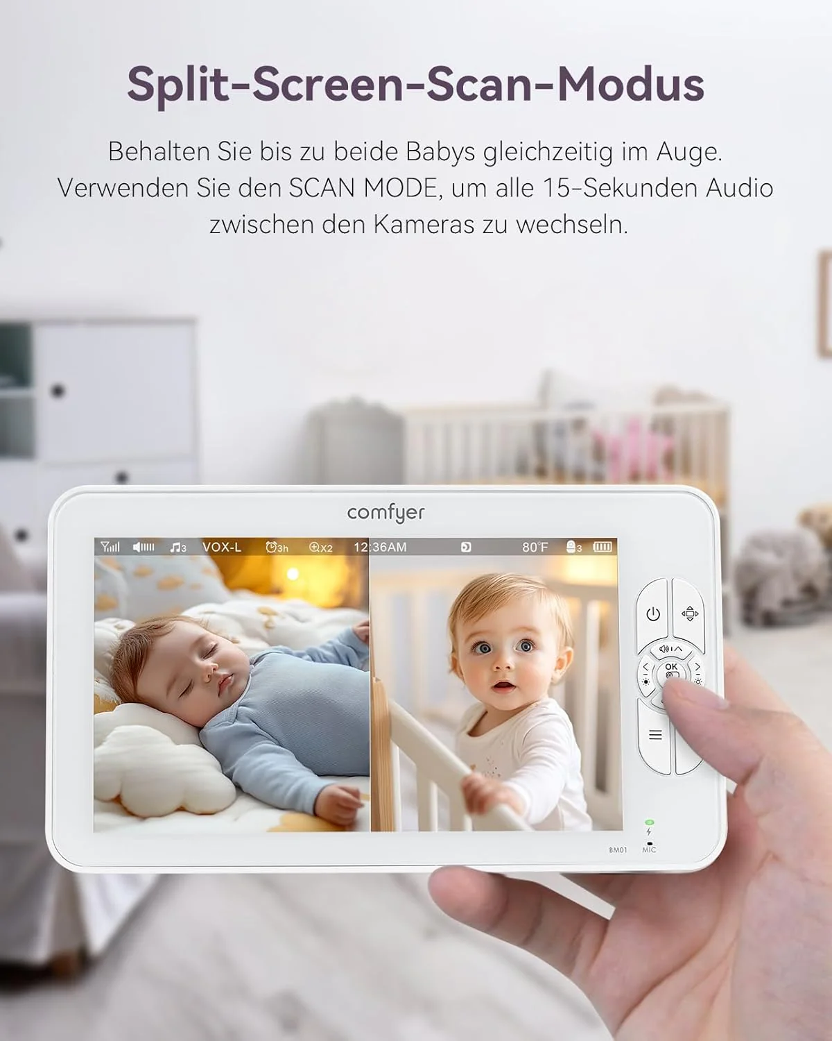 Comfyer Split-Screen Babyphone mit 2 Kameras, 7 HD 720P Video Babyphone ohne WLAN mit Halterung, IR-Nachtsicht Weitwinkelobjektiv Vox-Modus 2-Wege-Audio 960 Fuß Reichweite Videoüberwachungsgeräte