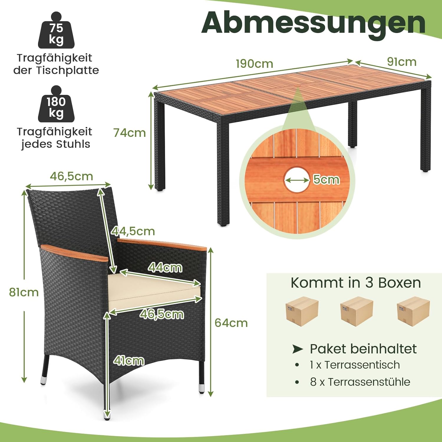 COSTWAY 9 TLG. Rattan Gartenmöbel Set, Sitzgruppe für 8 Personen, Gartentisch mit Tischplatte aus Akazienholz, 8 Stühle & Kissen, Terrassenmöbel Set, Gartengarnitur, Sitzgarnitur, Essgruppe