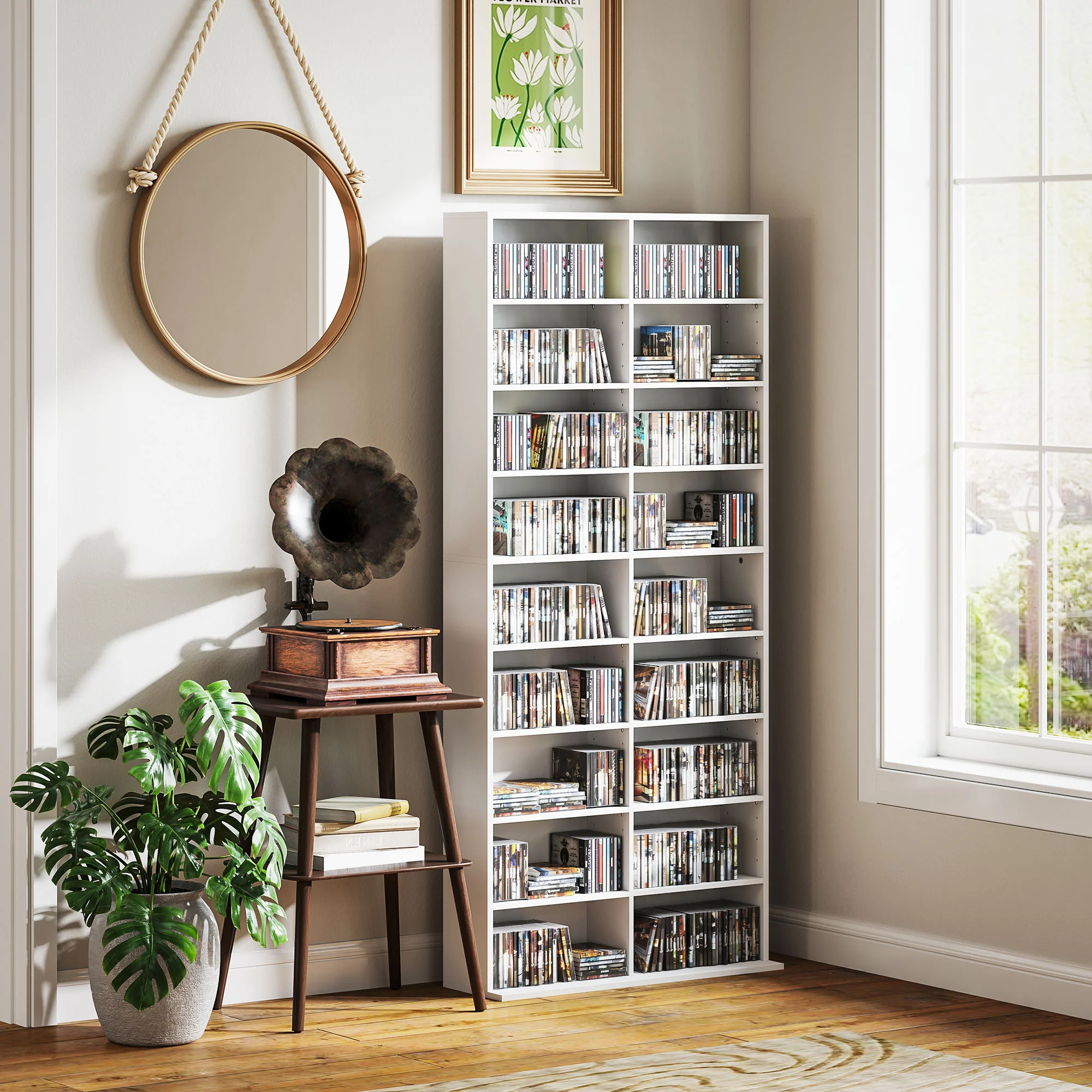 HOMCOM DVD-Rek, CD-Opslagrek, 14 Aanpasbare Planken, 18 Vakken, 175 cm, Blu-ray-Rek, Spaanplaat, Wit