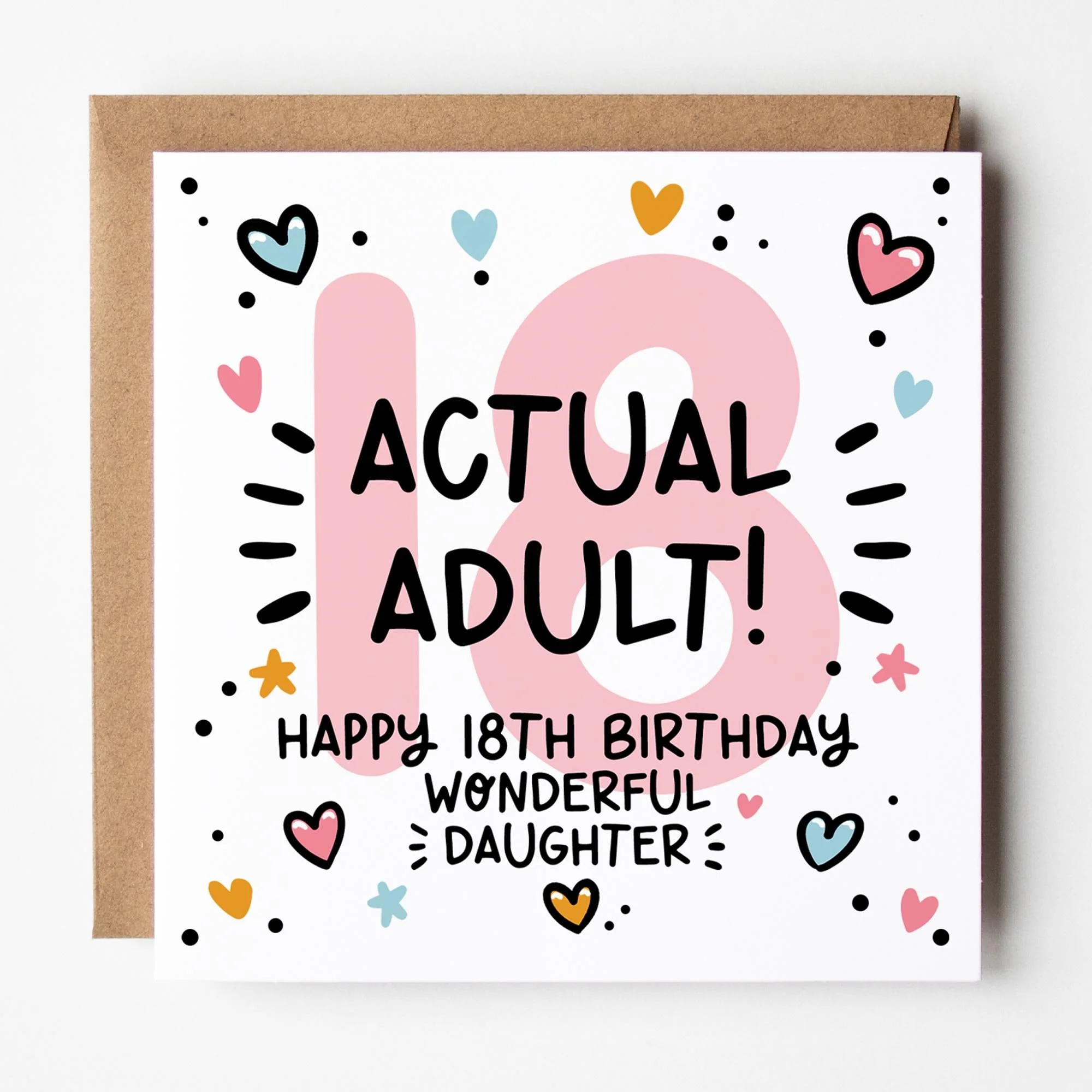 18th Birthday Card for Daughter: Pink 18, Actual Adult with Hearts and Kraft Envelope