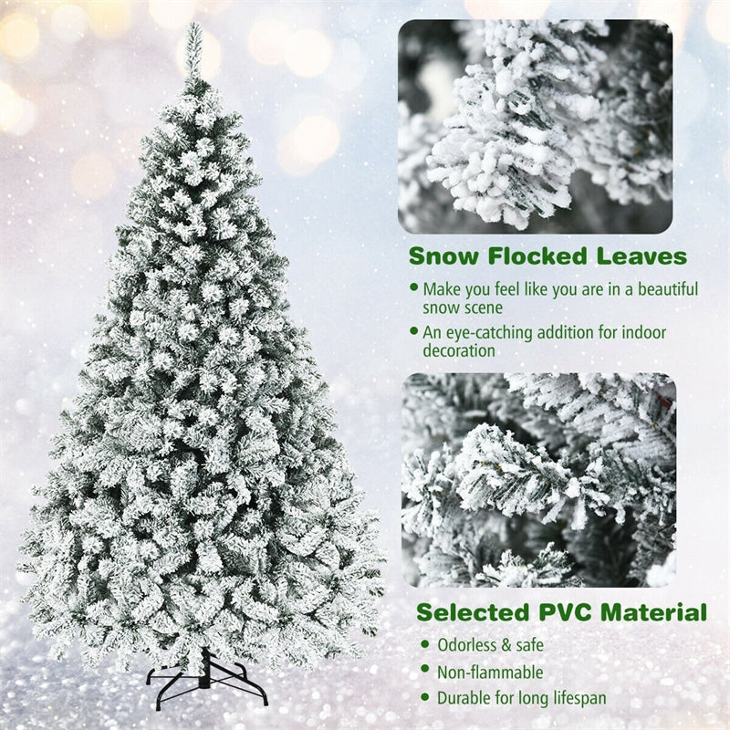 Premium Pre-Lit Snow Flocked Artificial Christmas Tree with Hinged Branch Tips & LED Lights