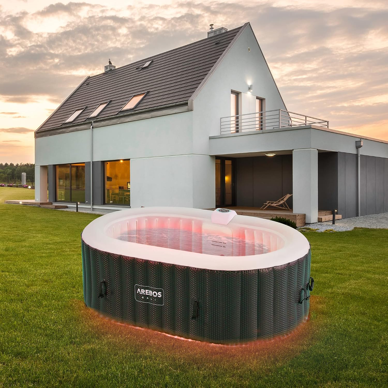 Arebos Whirlpool mit LED Beleuchtung | Aufblasbar | In- & Outdoor | 190x120 cm oval | 2 Personen | 90 Massagedüsen | mit Heizung | 550 Liter | Inkl. Abdeckung | Bubble Spa & Wellness Massage