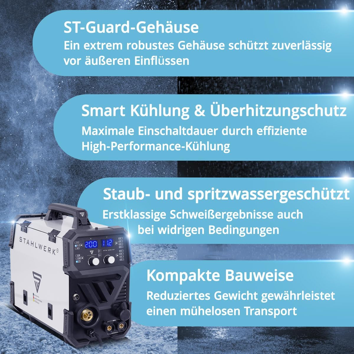 STAHLWERK Schutzgasschweißgerät 3-in-1 Kombi MTM-200 ST – Vollausstattung – WIG, MIG/MAG, MMA/E-Hand bis 200 A, synergischer Drahtvorschub, 4-Rollen-Antrieb, Fülldraht geeignet, Stahl, Dünnblech