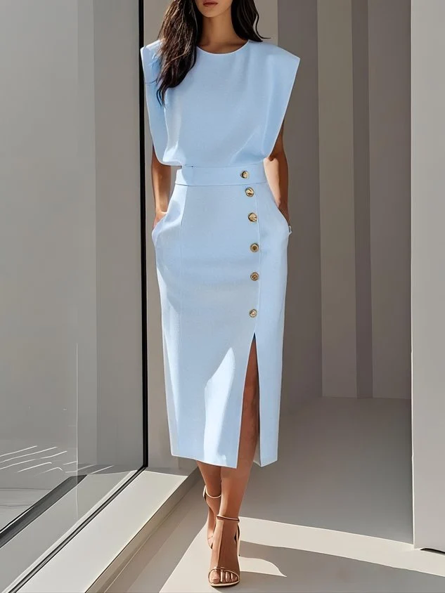 Women��s Midi Dress Sleeveless Button Front Elegant Style