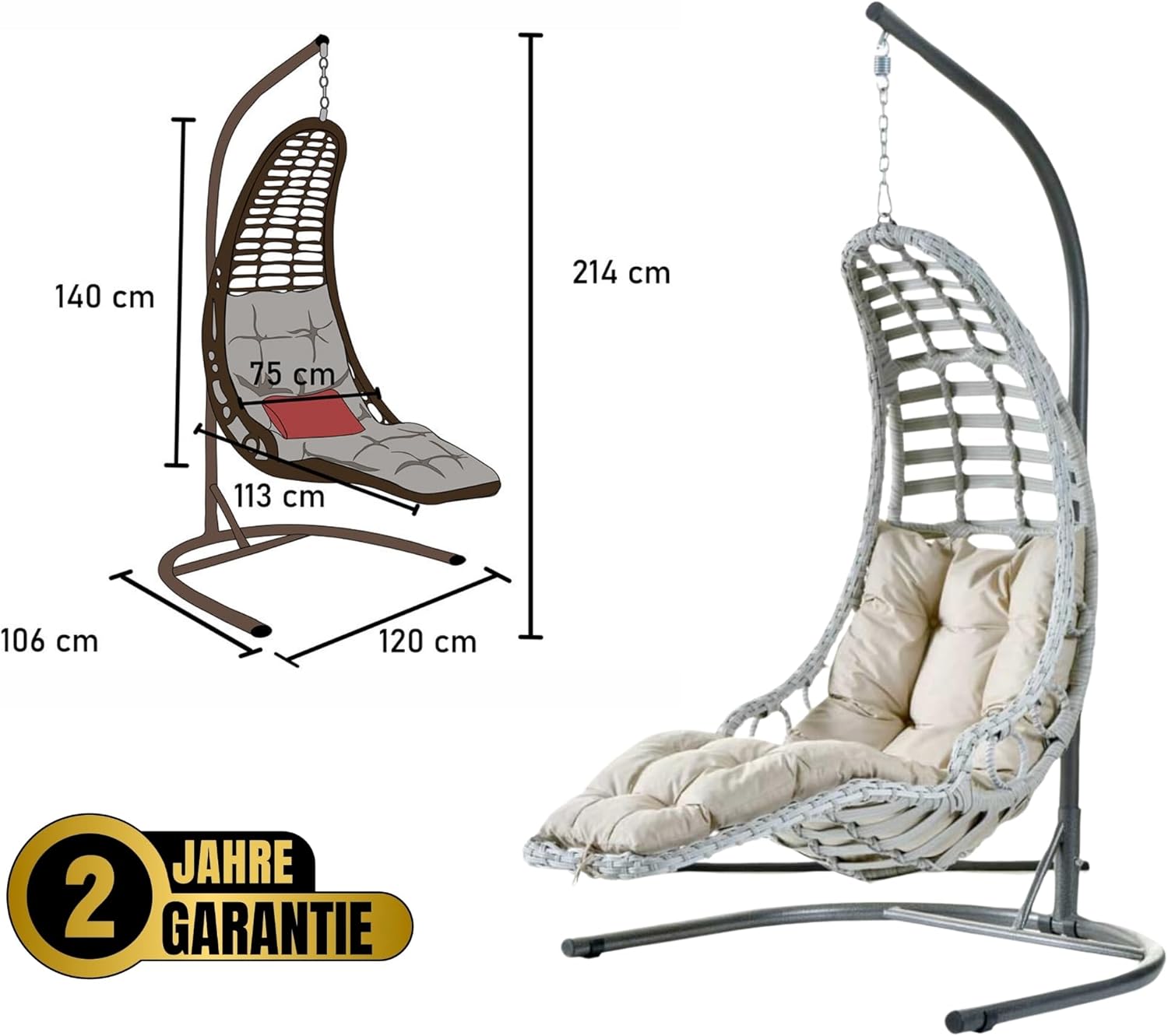 Hängesessel mit Gestell & Kissen Handgeflechtet Hängestuhl Rattan Hängematte Hängekorb Garten Balkonmöbel Hängeschaukel Bodrum (Weiß)