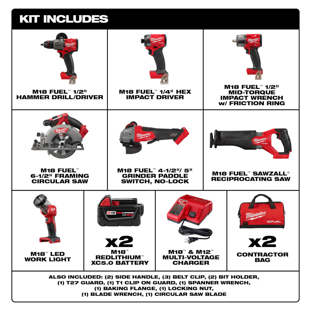 2025 Milwaukee 3697-27 M18 Fuel Set completo di 7 utensili