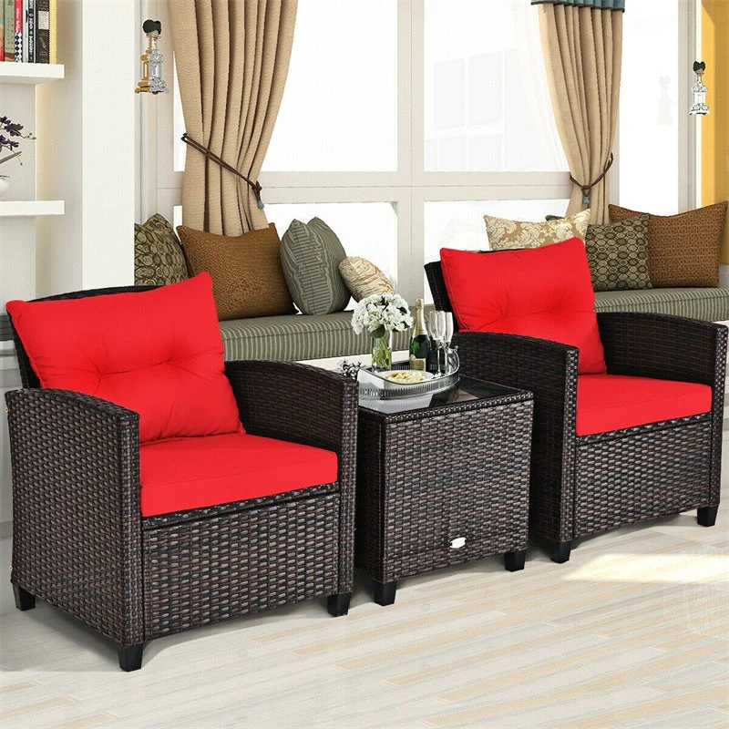 3 Pcs Rattan Patio Conversation Set Outdoor Wicker Sofa Set with Washable Cushions & Coffee Table