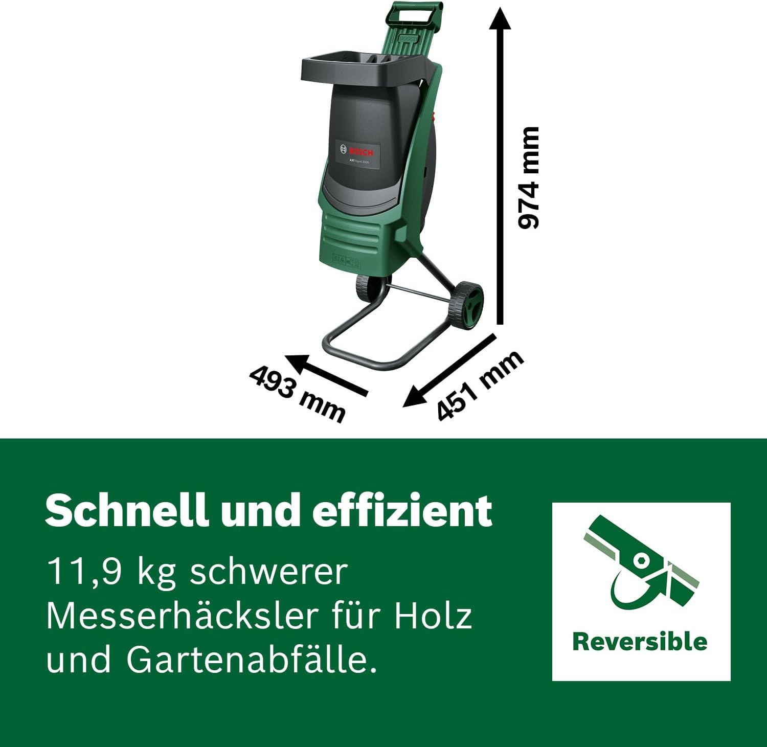 Bosch AXT Rapid 2000 Häcksler (zum leistungsstarken Häckseln von Gartenabfällen, kraftvoller 2000-W-Motor)