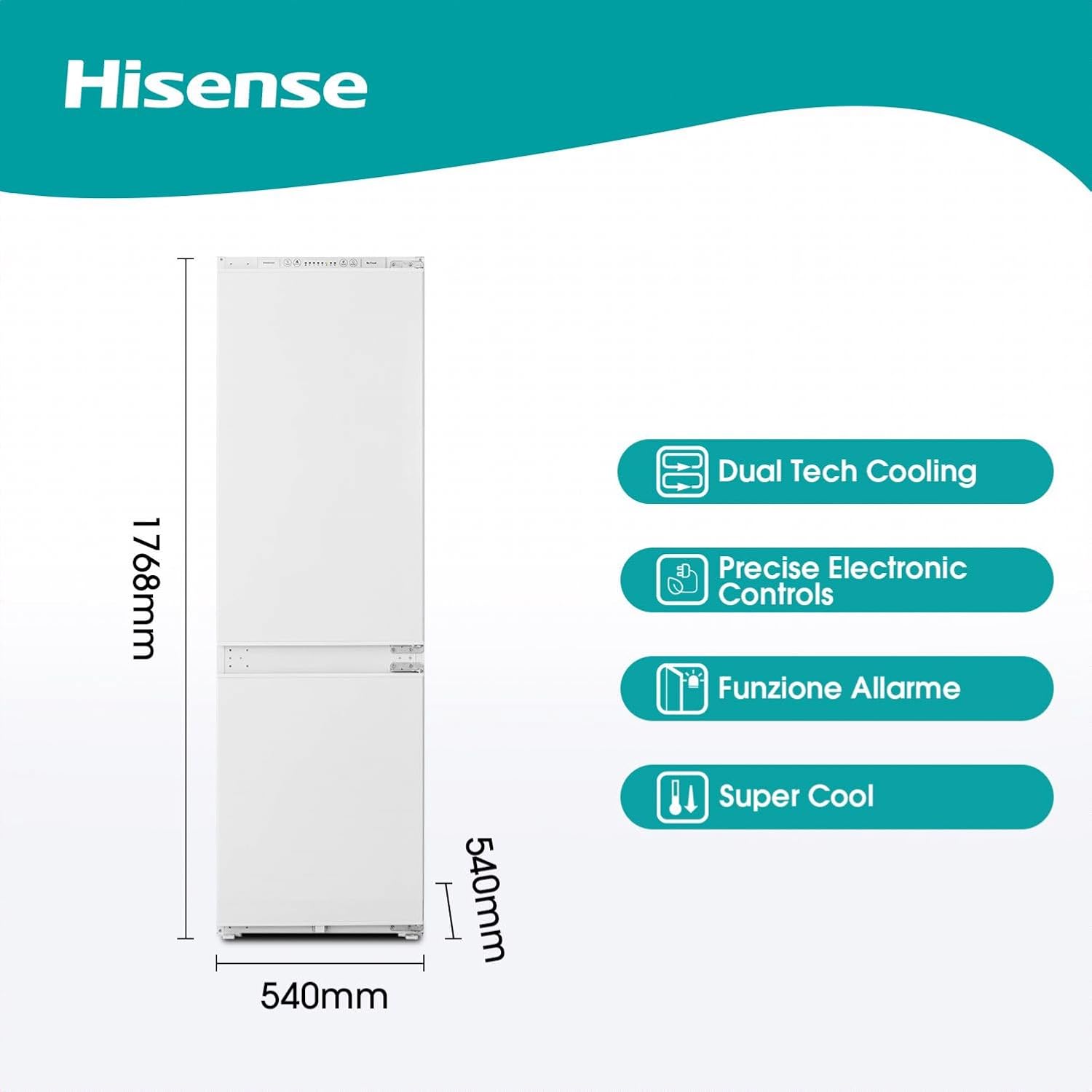 Hisense Rib312F4Awe Frigorifero Combinato Da Incasso, Tecnologia No Frost, Capacità 246 L, Illuminazione Led, Display Elettronico Per Controllo Temperatura, Bianco, ‎54.5 x 54 x 177.2 cm, 57 Kg