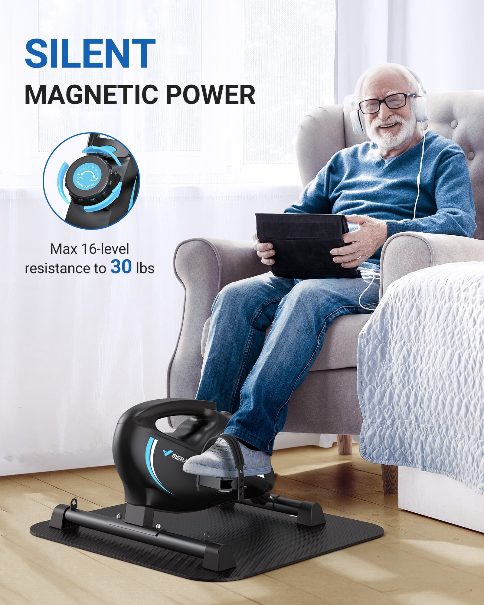 MERACH Under Desk Bike Pedal Exerciser Indoor Silent Elliptical Machine for Legs and Arms Mini Foot Pedal Exercise Bike with Free App,Non-Slip Mat,2 Resistance Bands