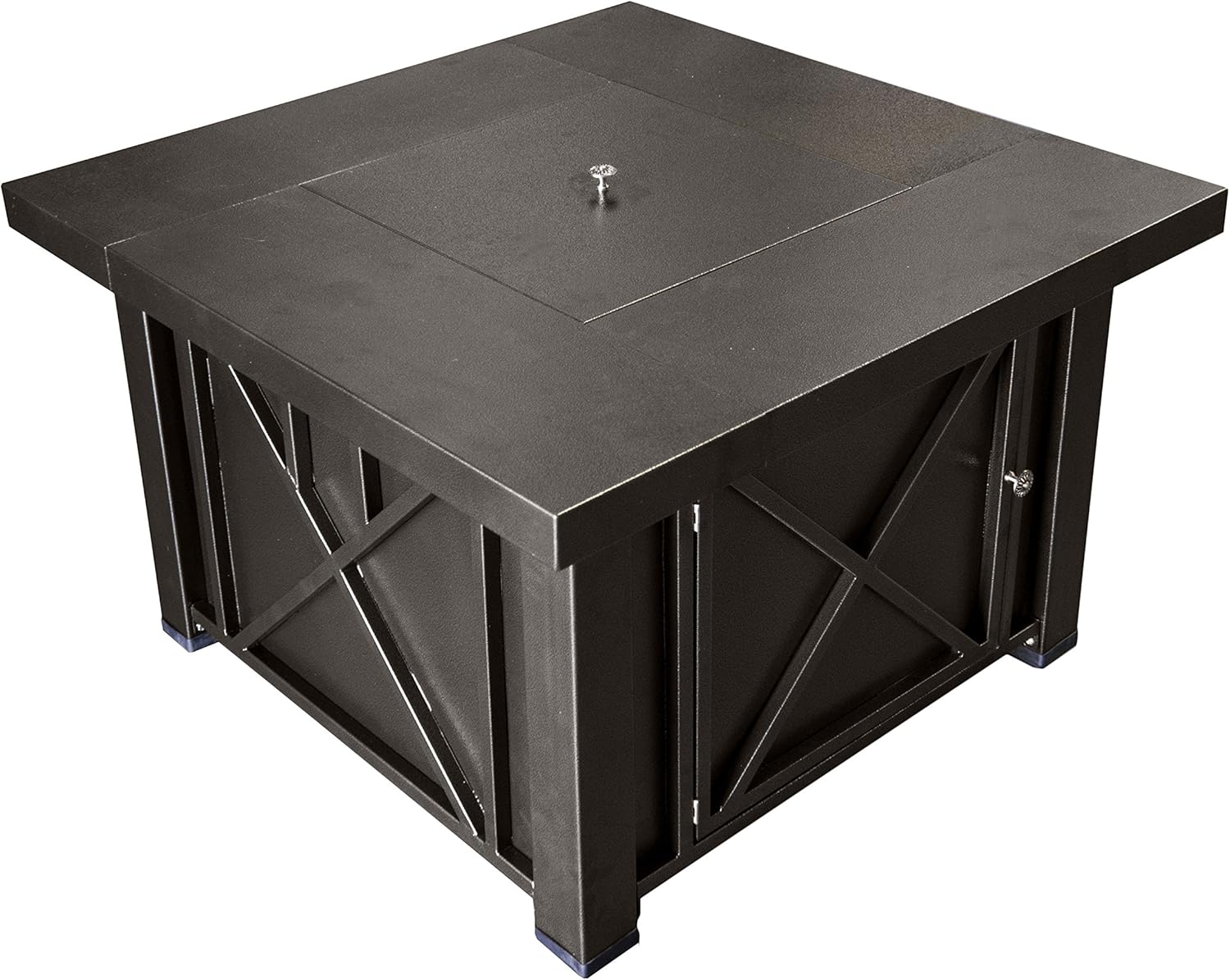 Hiland 38'' Square Propane Fire Pit Table w/Lid, Fireglass Included, Regulator and Hose, 40,000 BTU, Decorative Crossbars, Bronze