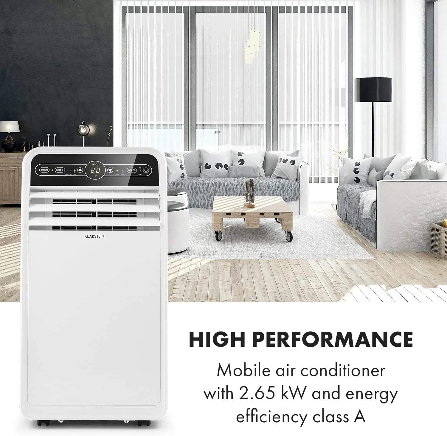 Klarstein mobil légkondicionáló elszívótömlővel, 4 az 1-ben klímaberendezés ventilátorral, párátlanítóval és éjszakai üzemmóddal, kicsi és hordozható légkondicionáló lakásokba és irodákba, alacsony fogyasztás, 9000 BTU