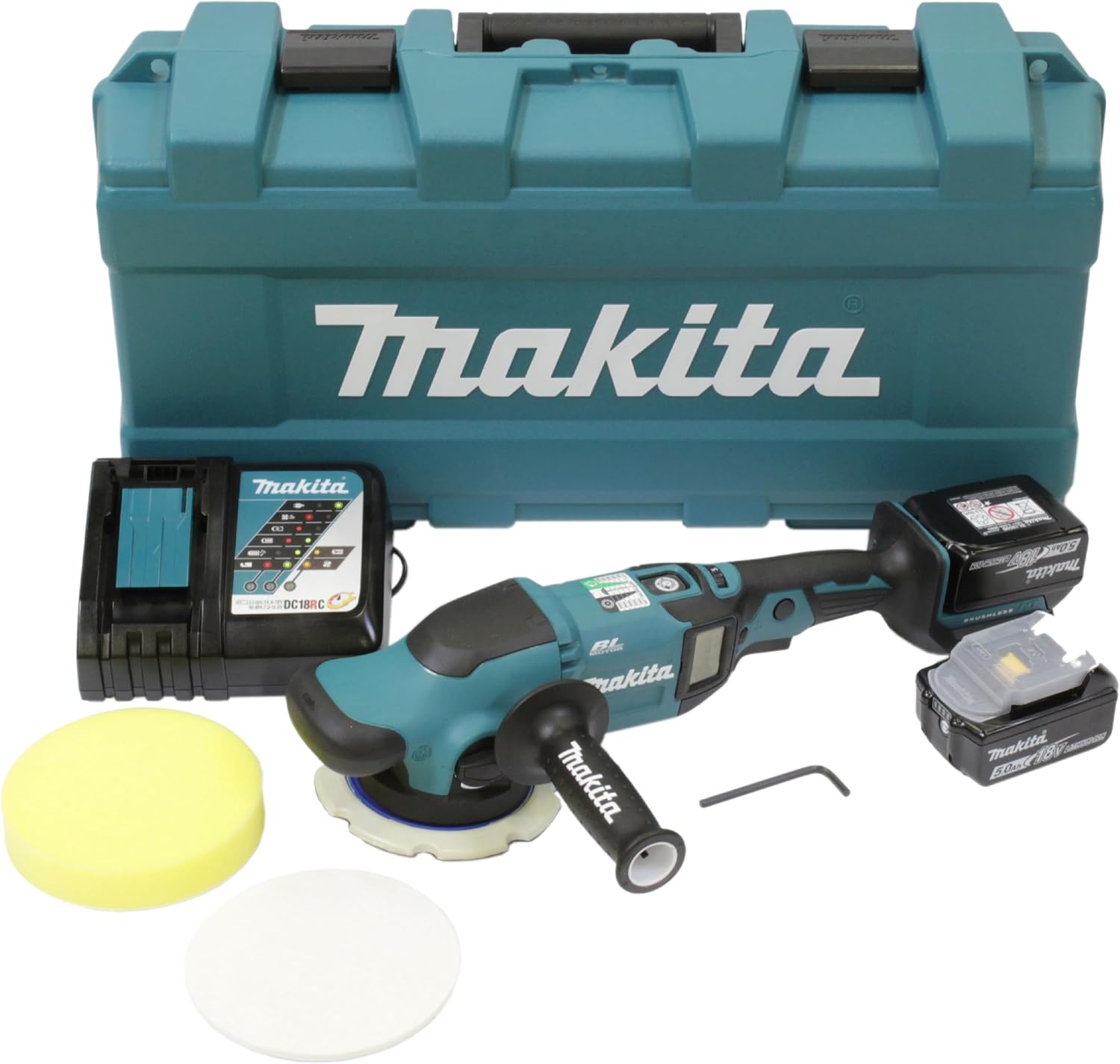 Makita DPO600TKX1 Exzenterpolierer, 1 Akku plus Ladegerät im Transportkoffer, Blau, 18 V / 5,0 Ah