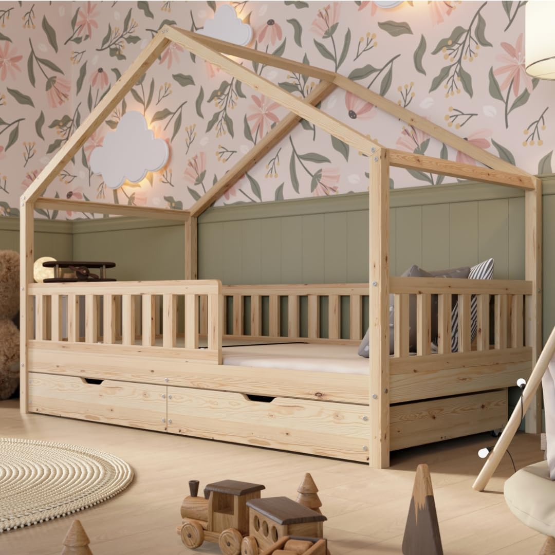 Crazy Pine Hausbett mit Schubladen 200x90 cm – Kinderbett aus Naturholz mit Rausfallschutz – Montessori Bodenbett mit zusätzlichen Stauraum und und Abnehmbarer Barriere - Crazy House
