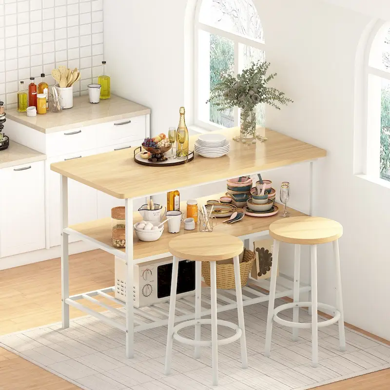Kitchen Island with 2 Stools and Open Shelves