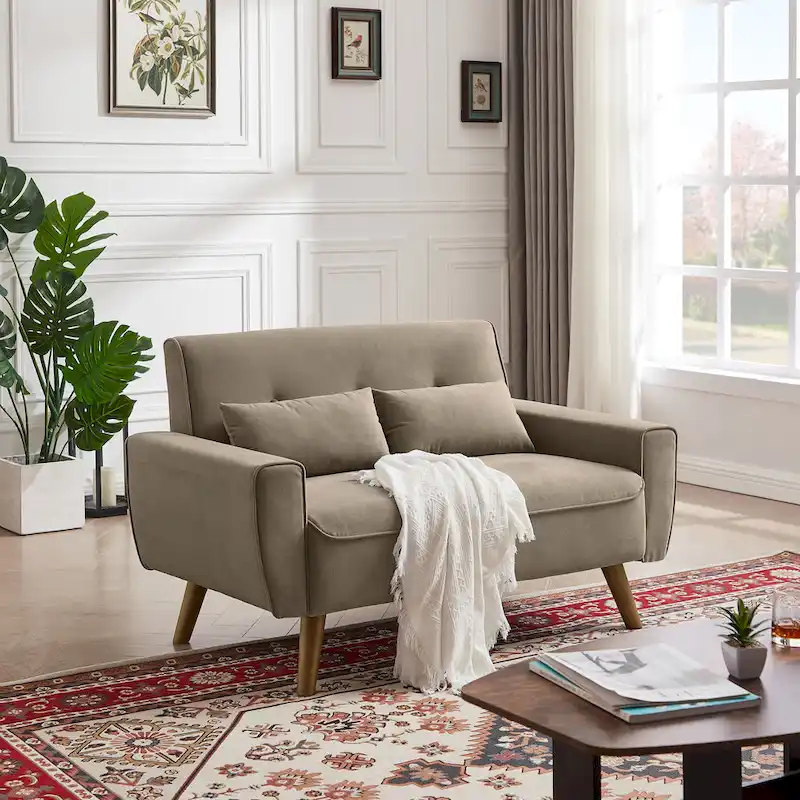 48.82 Small Tufted Loveseat Sofa with 2 Pillows and Tapered Wood Legs