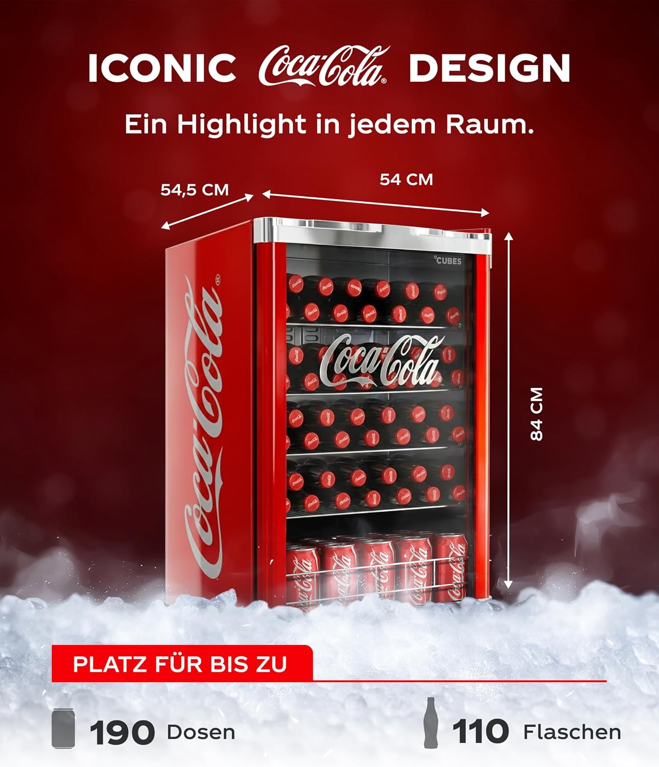 °CUBES Coca Cola Kühlschrank 115L | Getränkekühlschrank groß mit Glastür, perfekt für Partys & Gewerbe | Energieeffizient, 84,5 cm hoch, 104 kWh/Jahr - Flaschenkühlschrank groß