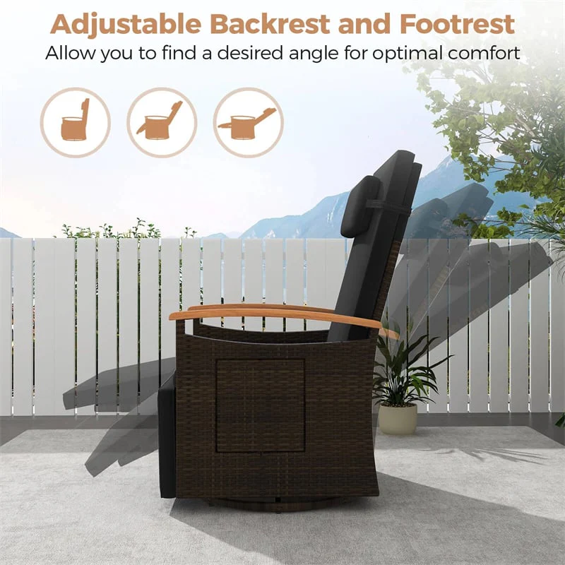Outdoor Rattan 360° Swivel Recliner Chair, Patio Wicker Chaise Lounge Chair with Adjustable Backrest & Footrest, Flip Side Table & Cushions