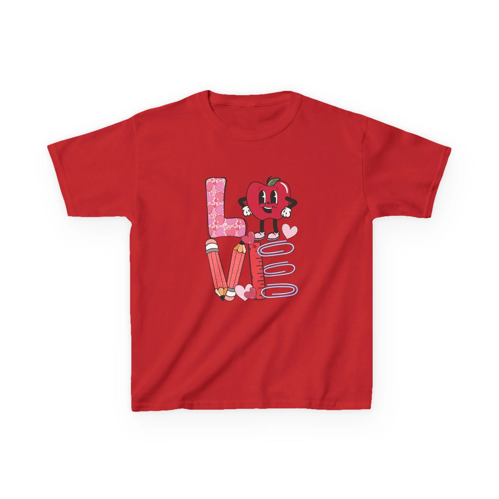 Love School Supplies Kids Tee | Heart Apple, Pencils & Notebook