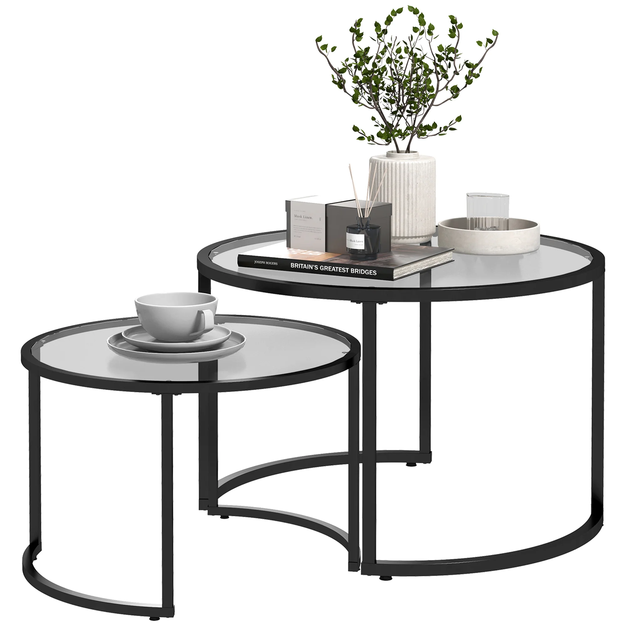 HOMCOM 2-delige Bijzettafels Salontafels Industrieel Design, Glazen Tafels, stapelbaar, Zwart + Transparant