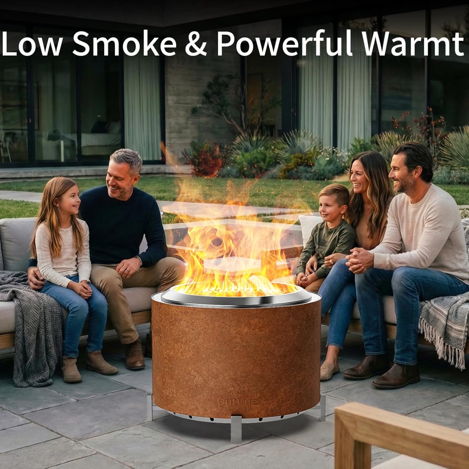 OutVue Stainless Steel Smokeless Fire Pit, Outdoor Smokeless Firepit, Wood Burning Fire Pits for Bonfire, Patio, Camping, Low Smoke Firepit for Outside (Rusty, 27 Inch)